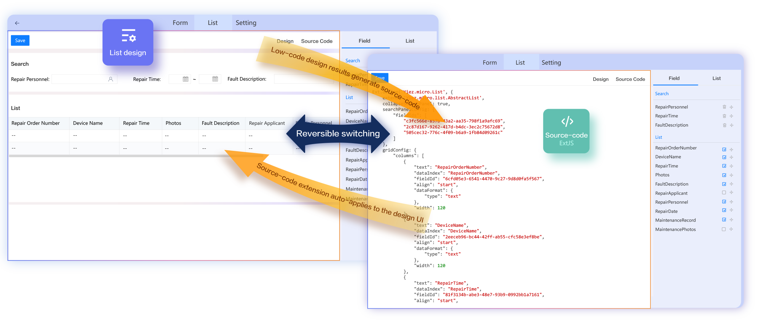 FlowPortal low - code platform supports reversible switch between form/list design and source code. Modifying code auto - syncs to design, showcasing visual dev & flexible code adjustment for business expansion